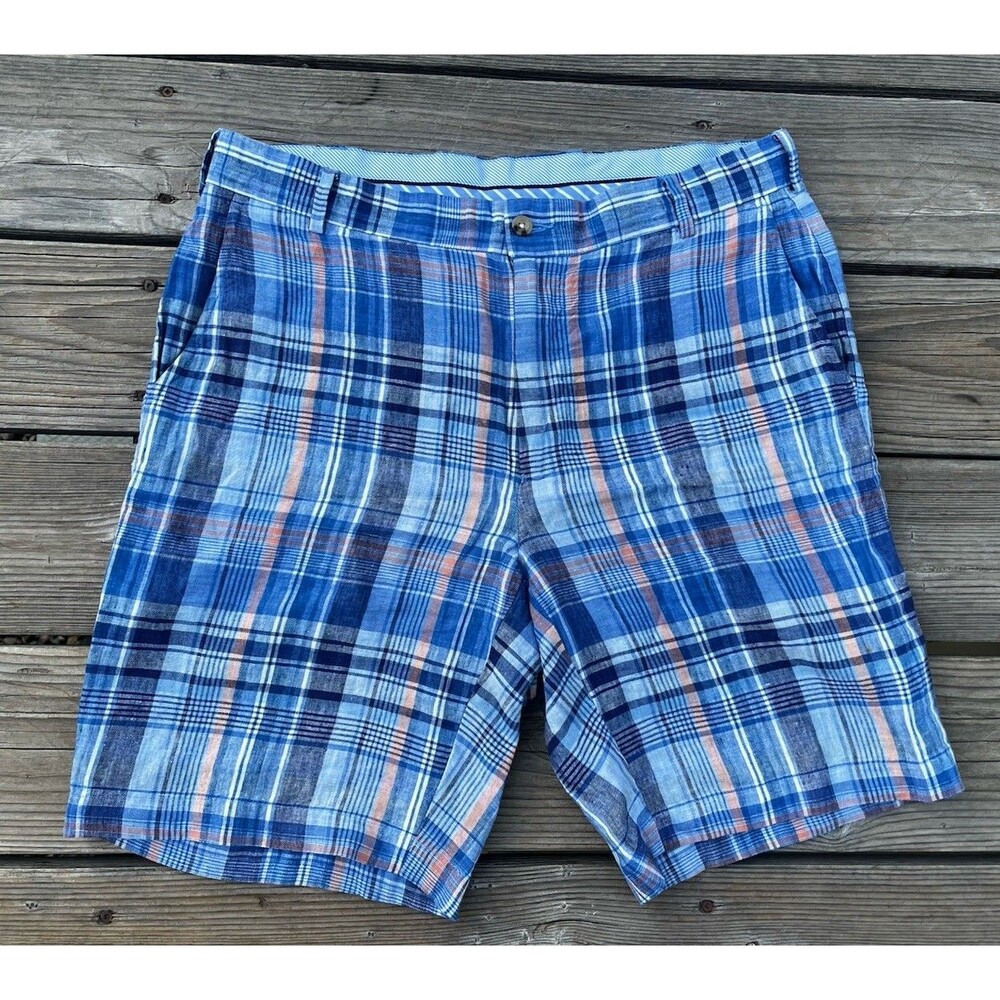 Peter Millar Men's 34 100% Linen Plaid Shorts Golf Casual - Blue